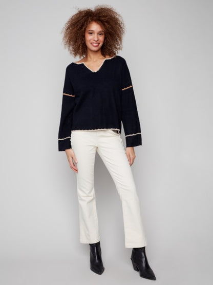 Charlie B Notched Neck Rib Embroidered Back Drop Shoulder Sweater - Navy