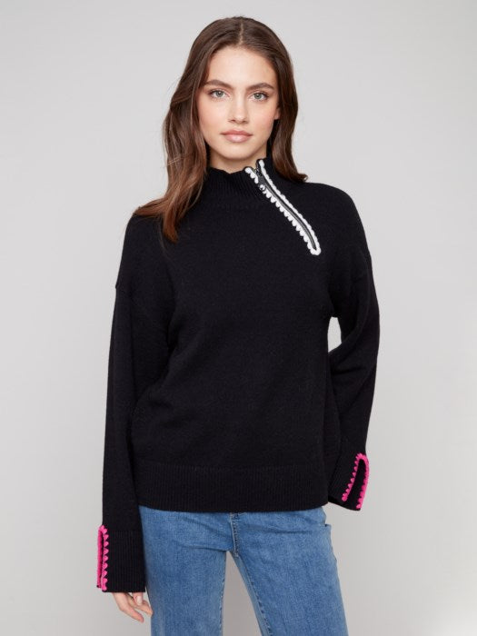Charlie B Black Mock Neck Sweater With Zipper & Crochet Details