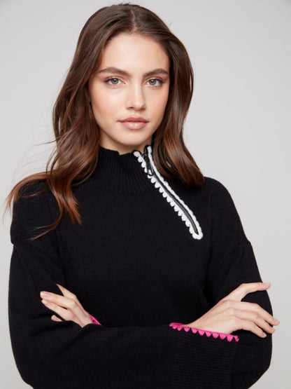 Charlie B Black Mock Neck Sweater With Zipper & Crochet Details