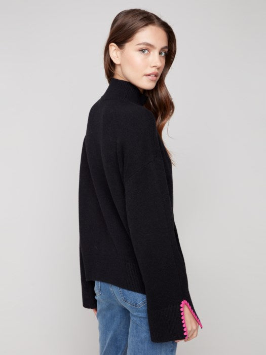 Charlie B Black Mock Neck Sweater With Zipper & Crochet Details