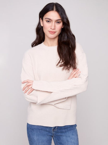 Charlie B Oat Crew Neck Sweater With Cable Sleeve Detail