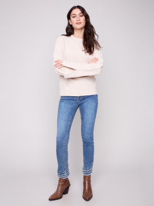 Charlie B Oat Crew Neck Sweater With Cable Sleeve Detail