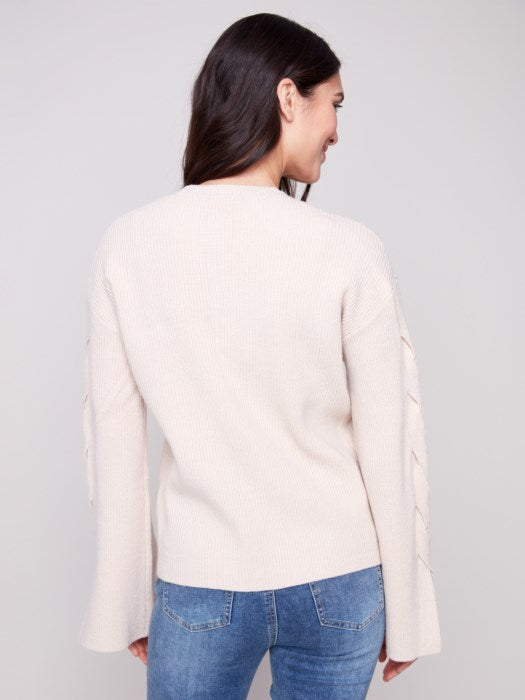 Charlie B Oat Crew Neck Sweater With Cable Sleeve Detail