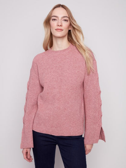 Charlie B Primrose Crew Neck Sweater With Cable Sleeve Detail