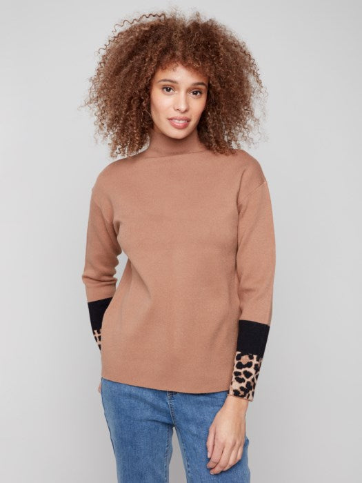 Charlie B Funnel Sweater With Animal Print Sleeve Detail