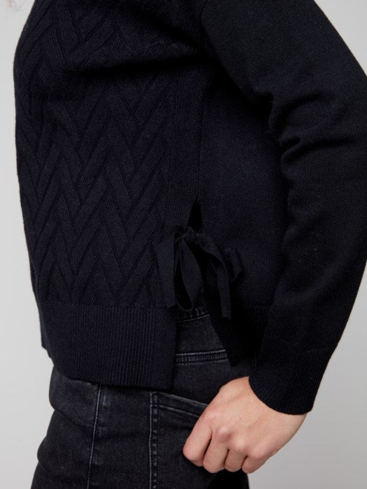 Charlie B Black Cowl Neck Chevron Knit Sweater With Side Tie
