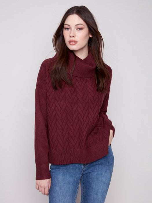 Charlie B Cabernet Cowl Neck Chevron Knit Sweater With Side Tie