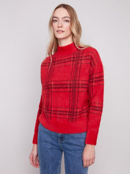 Charlie B Red Plaid Eyelash Mock Neck Sweater