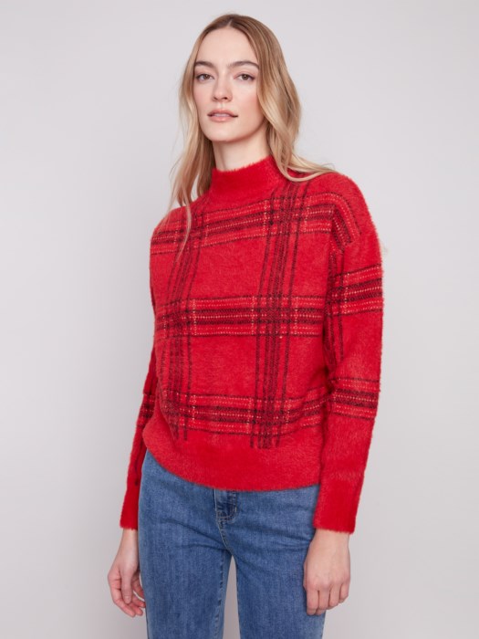 Charlie B Red Plaid Eyelash Mock Neck Sweater