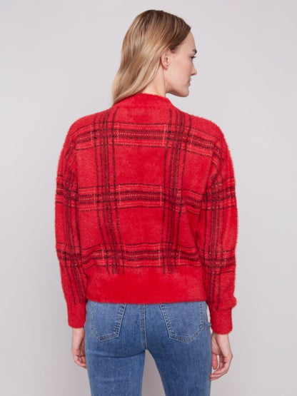 Charlie B Red Plaid Eyelash Mock Neck Sweater