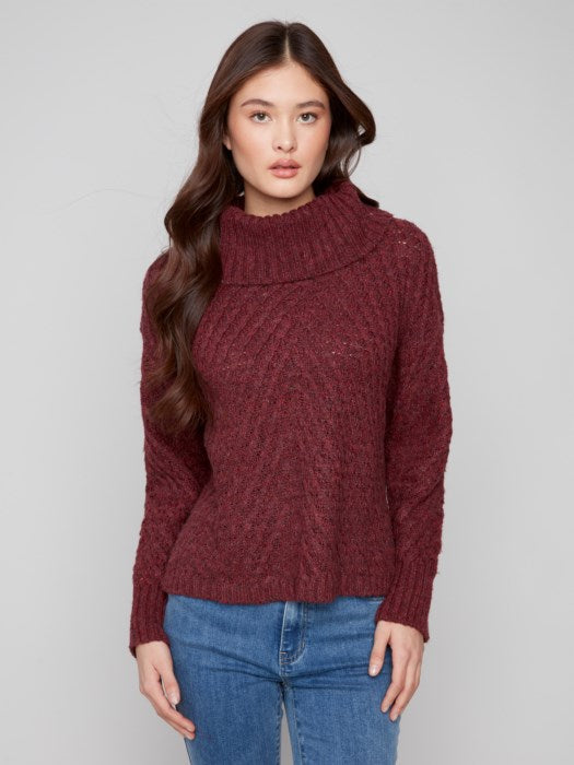 Charlie B Ribbed Cowl Neck Diagonal Cable Sweater