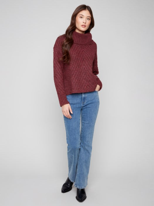Charlie B Ribbed Cowl Neck Diagonal Cable Sweater