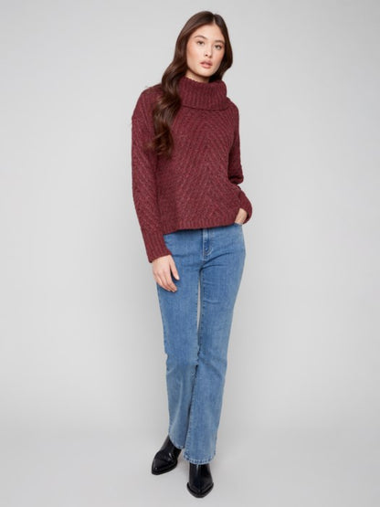 Charlie B Ribbed Cowl Neck Diagonal Cable Sweater