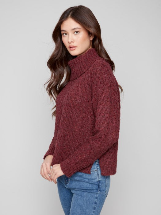 Charlie B Ribbed Cowl Neck Diagonal Cable Sweater