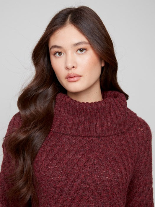 Charlie B Ribbed Cowl Neck Diagonal Cable Sweater