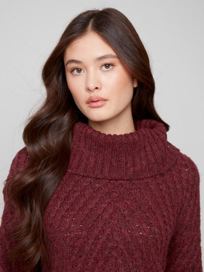 Charlie B Ribbed Cowl Neck Diagonal Cable Sweater
