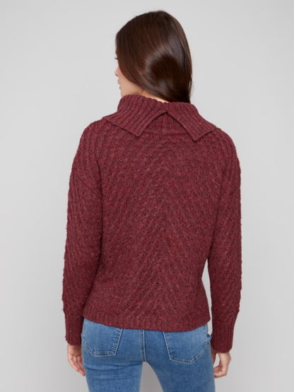 Charlie B Ribbed Cowl Neck Diagonal Cable Sweater