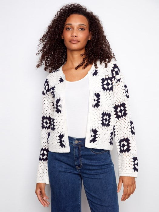 Charlie B Square Crochet Open Front Cardigan