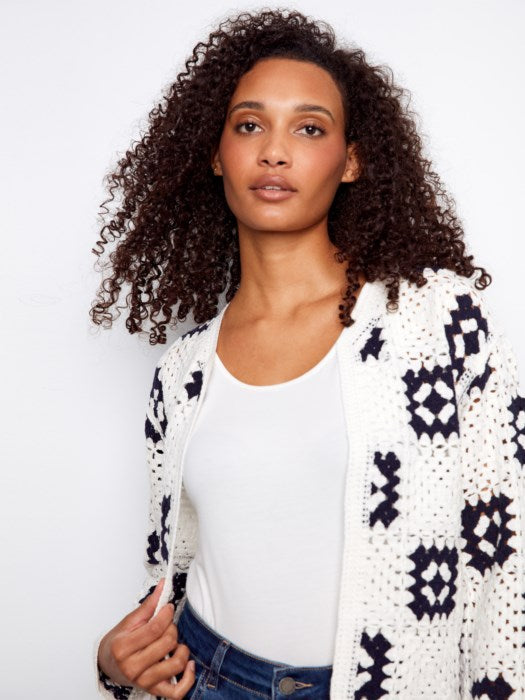 Charlie B Square Crochet Open Front Cardigan