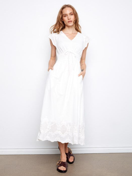 Charlie B White Embroidered V-Neck Midi Dress