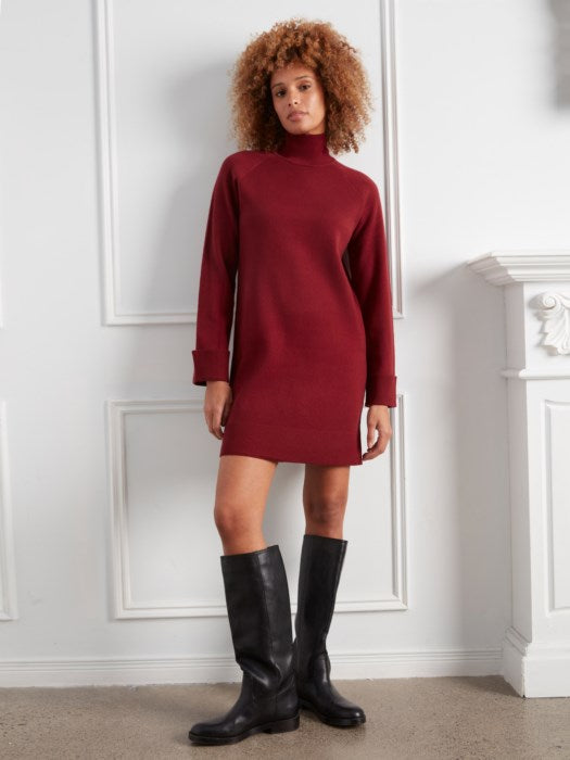Merlot women's mock neck sweater dress with long raglan sleeves
