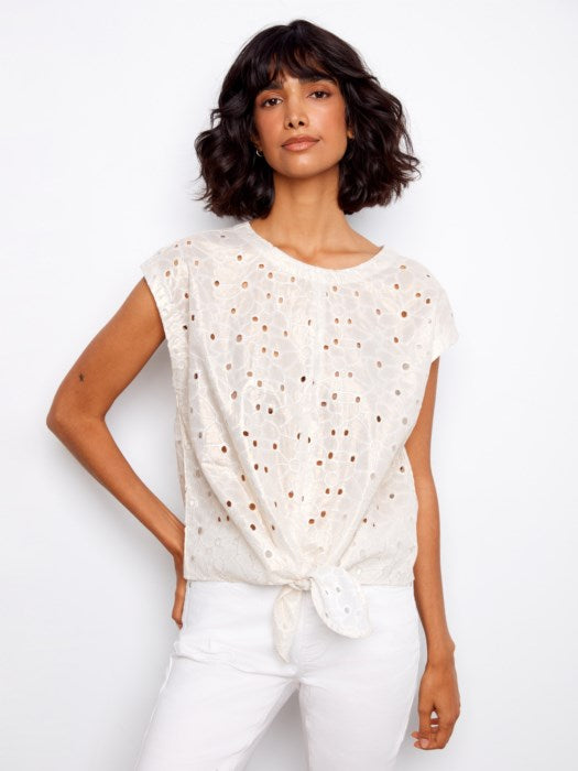 Charlie B Gold Foiled Cotton Eyelet Tie-Front Blouse