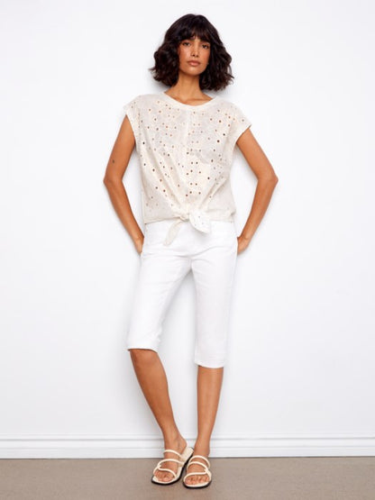 Charlie B Gold Foiled Cotton Eyelet Tie-Front Blouse