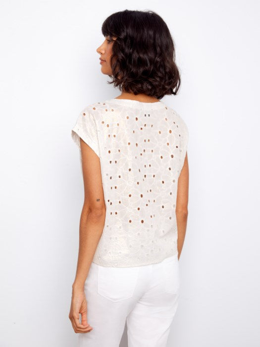 Charlie B Gold Foiled Cotton Eyelet Tie-Front Blouse