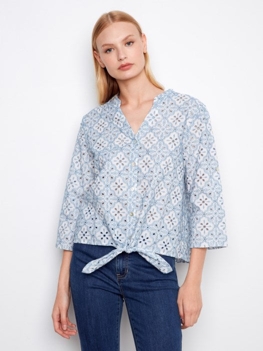 Charlie B Eyelet 3/4 Roll Up Sleeve Blouse With Front Ties