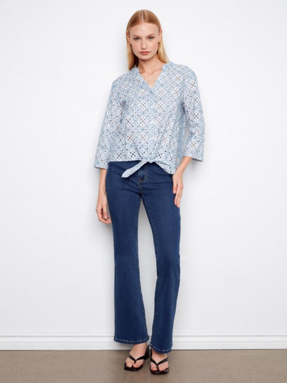 Charlie B Eyelet 3/4 Roll Up Sleeve Blouse With Front Ties