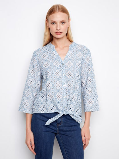 Charlie B Eyelet 3/4 Roll Up Sleeve Blouse With Front Ties