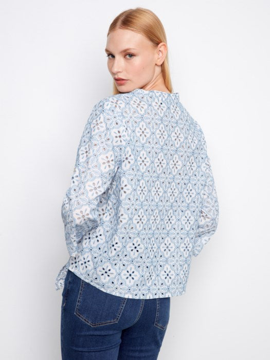 Charlie B Eyelet 3/4 Roll Up Sleeve Blouse With Front Ties