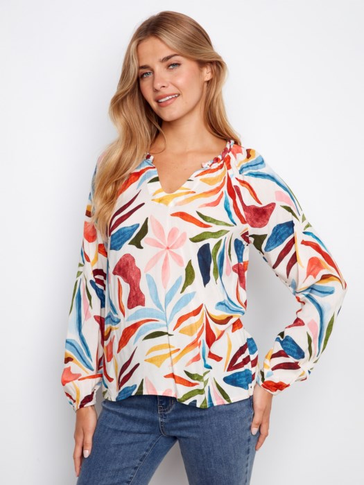 Charlie B Printed Raglan Long Sleeve Popover Blouse