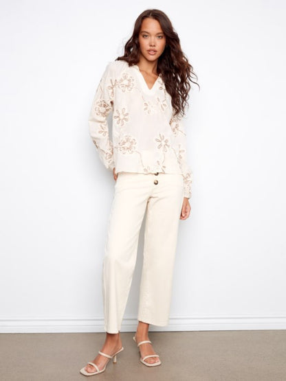 Charlie B Embroidered Cotton Popover Blouse