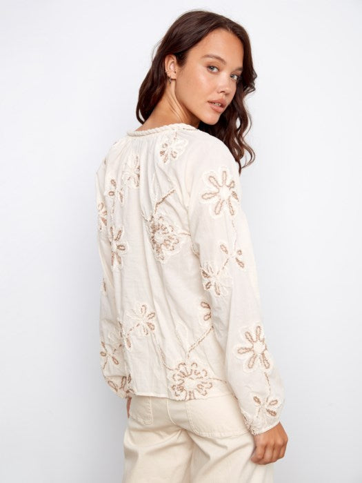 Charlie B Embroidered Cotton Popover Blouse