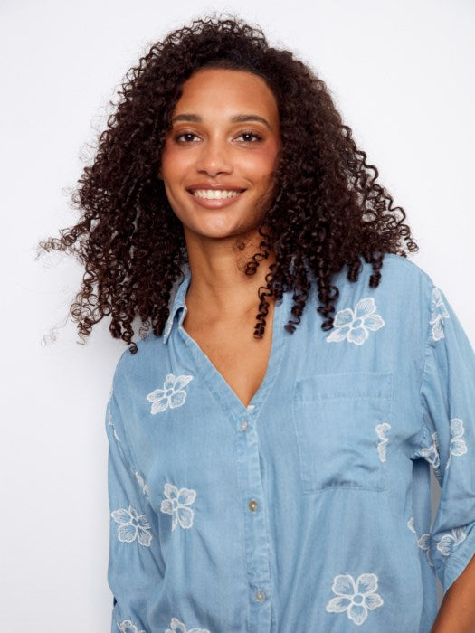 Charlie B Embroidered Tencel Blouse With Front Tie