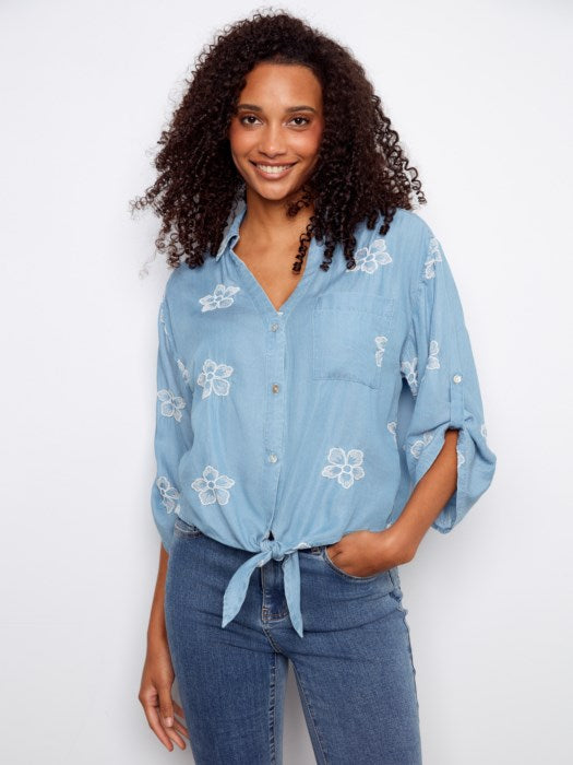 Charlie B Embroidered Tencel Blouse With Front Tie