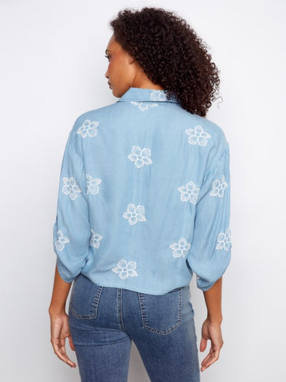 Charlie B Embroidered Tencel Blouse With Front Tie