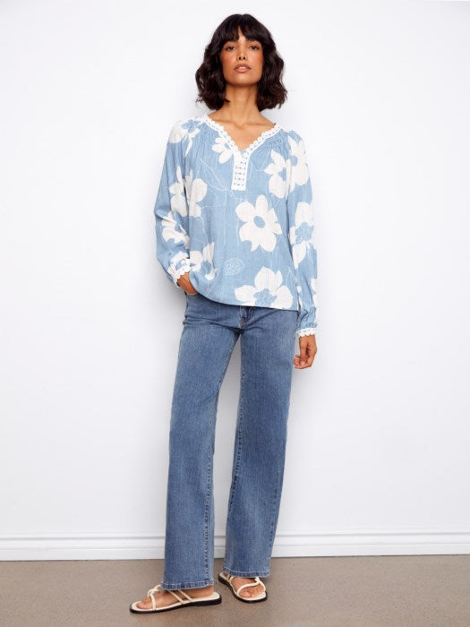 Front view of Charlie B Waterlily women’s printed linen blend raglan blouse with crochet trim, perfect for church or spring brunch