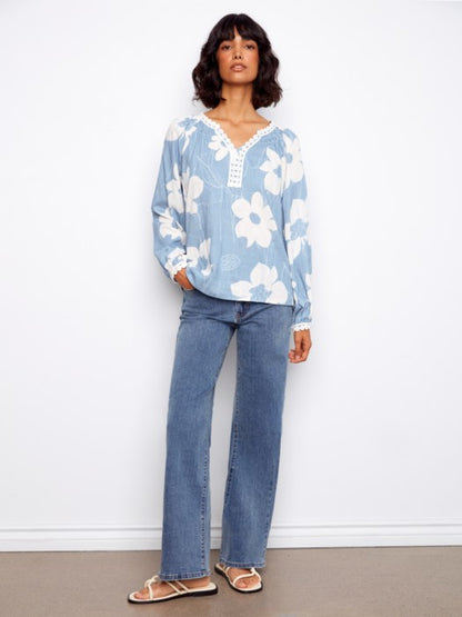 Front view of Charlie B Waterlily women’s printed linen blend raglan blouse with crochet trim, perfect for church or spring brunch