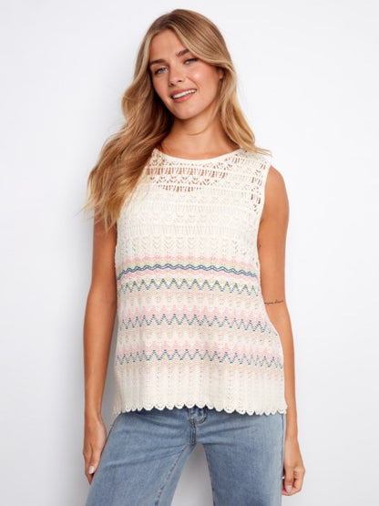 Charlie B Border Stripes Sleeveless Crochet Top