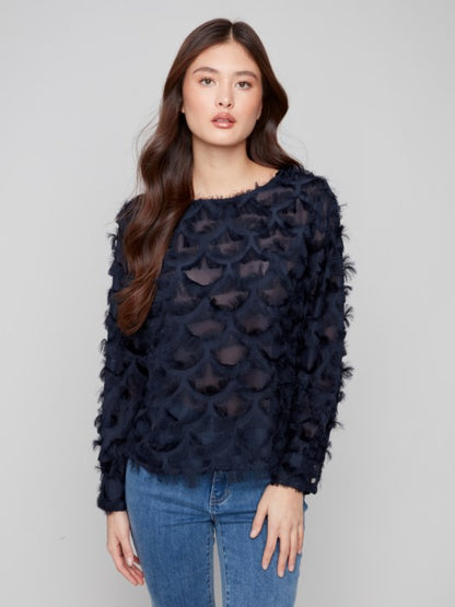 Charlie B Fancy Chiffon Blouse with Cuffs w/Button Closure at Back w/Elastic