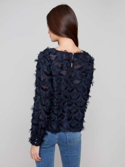 Charlie B Fancy Chiffon Blouse with Cuffs w/Button Closure at Back w/Elastic