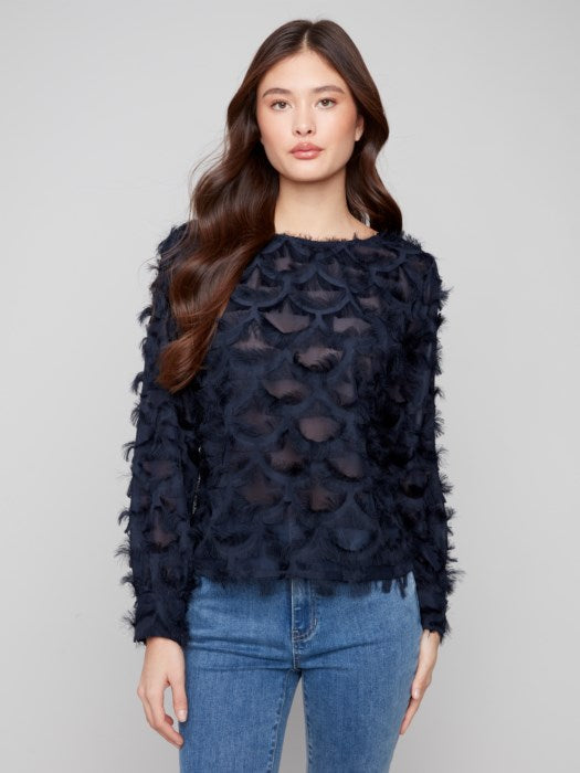Charlie B Fancy Chiffon Blouse with Cuffs w/Button Closure at Back w/Elastic