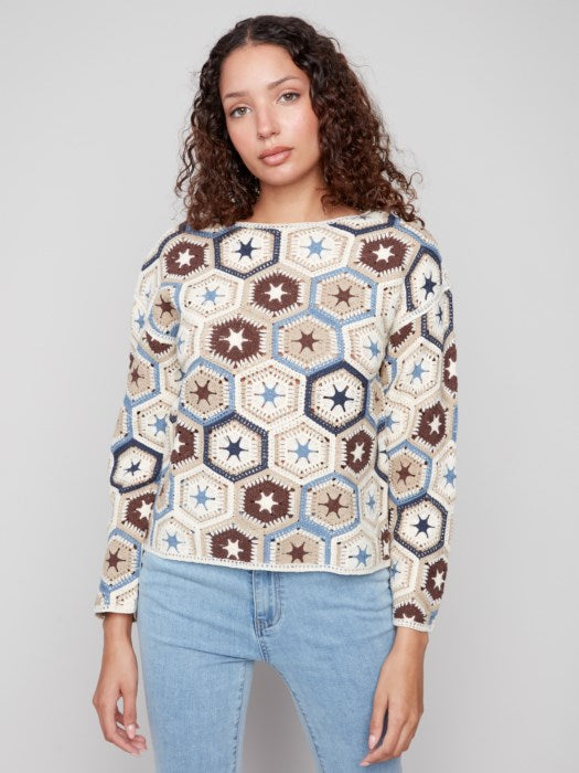 Charlie B Multicolor Long Sleeve Crochet Boat Neck Top