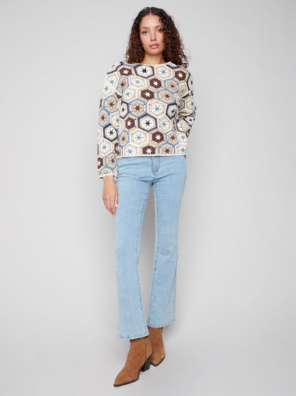Charlie B Multicolor Long Sleeve Crochet Boat Neck Top