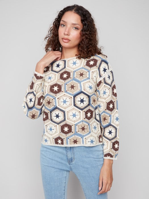 Charlie B Multicolor Long Sleeve Crochet Boat Neck Top