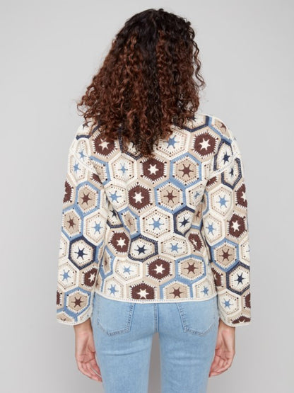Charlie B Multicolor Long Sleeve Crochet Boat Neck Top