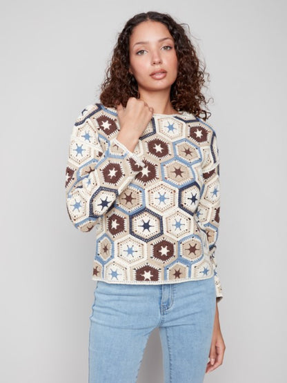 Charlie B Multicolor Long Sleeve Crochet Boat Neck Top