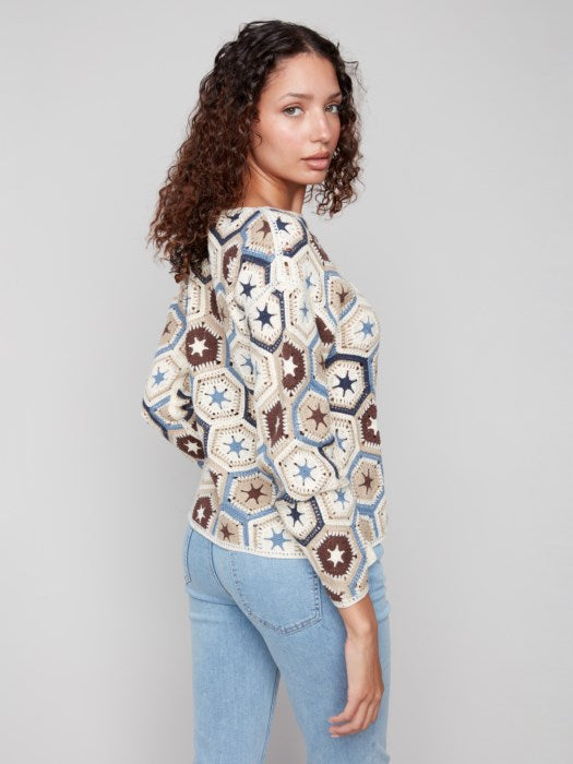 Charlie B Multicolor Long Sleeve Crochet Boat Neck Top